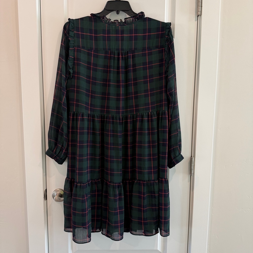 J. Crew Tie Neck Tiered Dress in Black Watch Tartan Green Navy Red Color sz XL - Picture 12 of 14